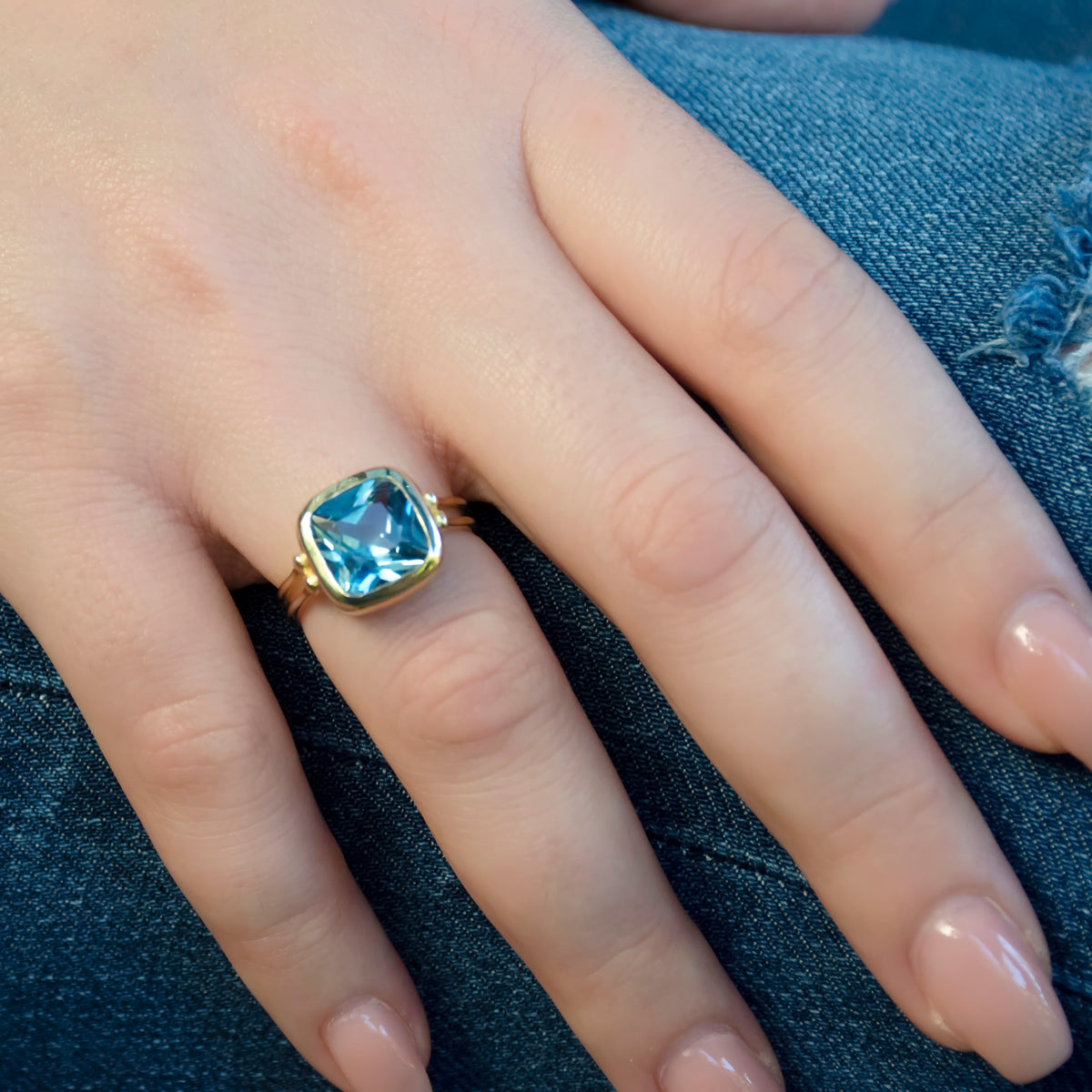 RG1907 Gold Statement Ring with Square Blue Topaz