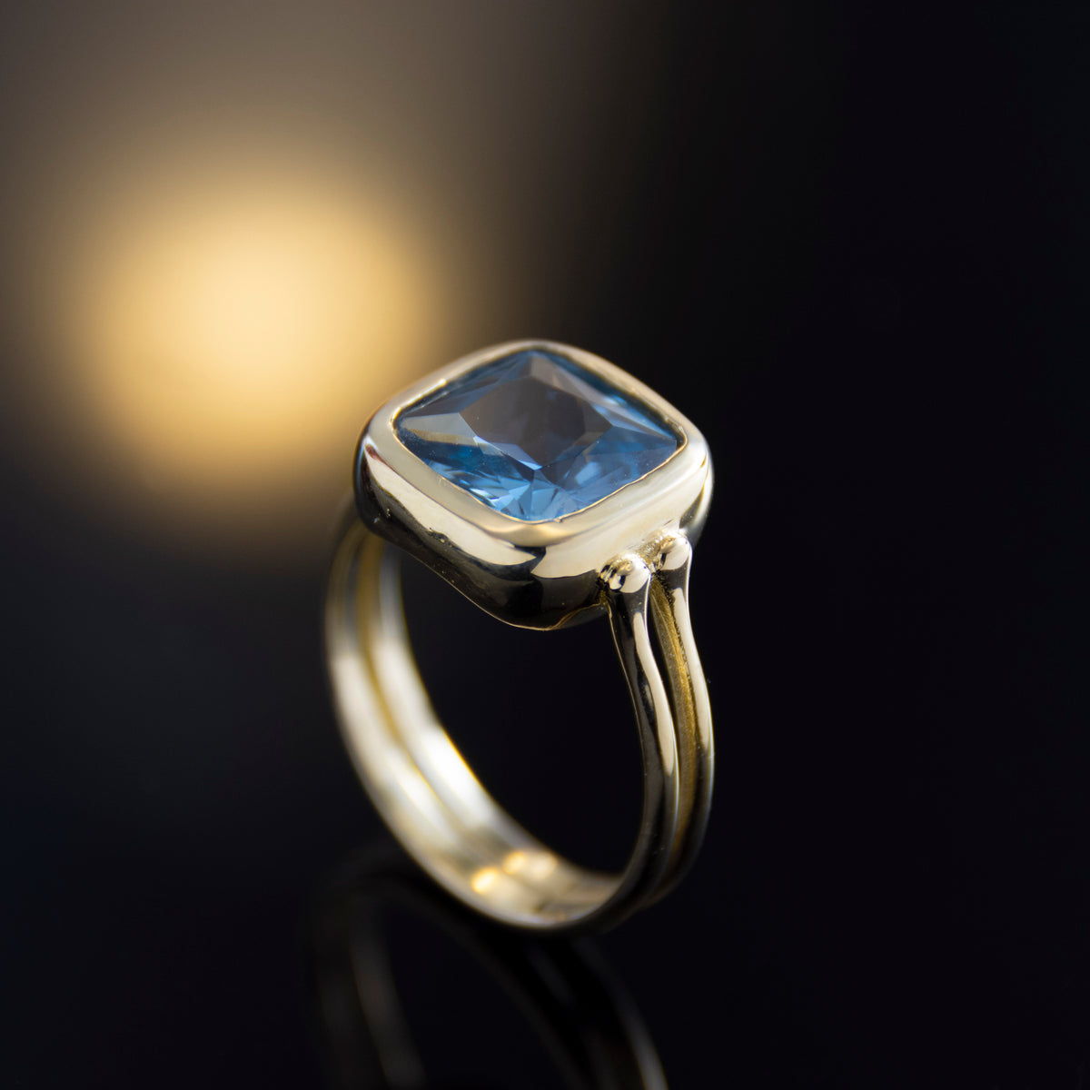 RG1907 Gold Statement Ring with Square Blue Topaz