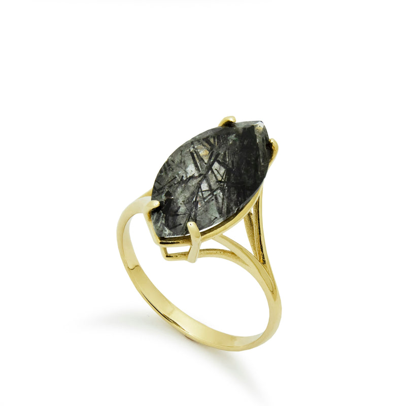 RG1909 Statement Gold Ring with Marquise Black Rutilated Quartz