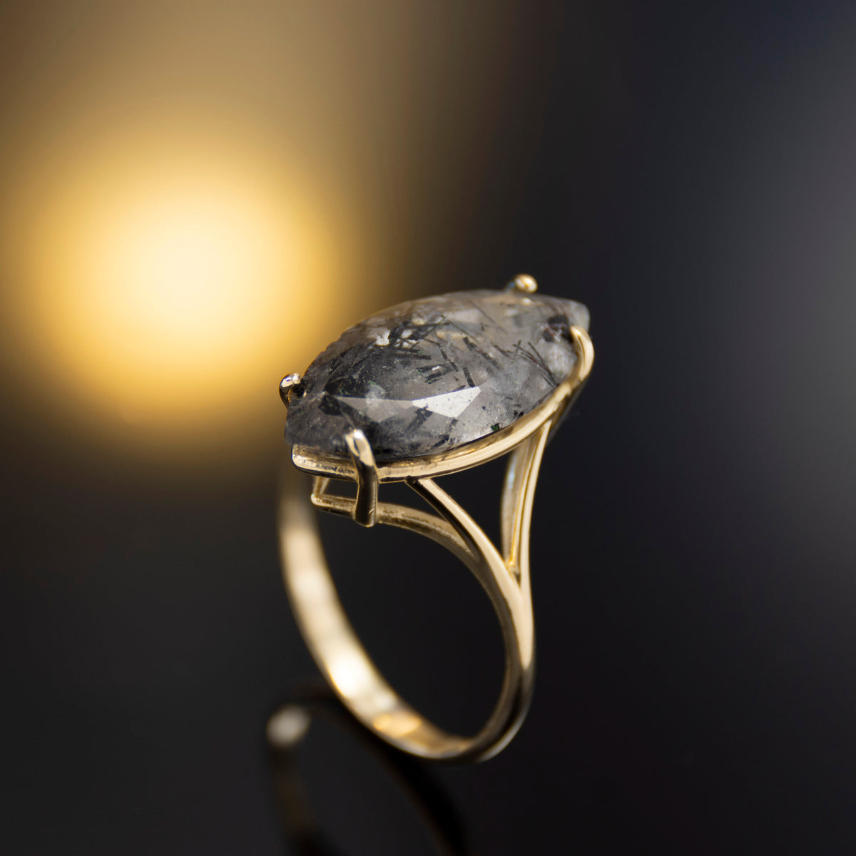 RG1909 Statement Gold Ring with Marquise Black Rutilated Quartz