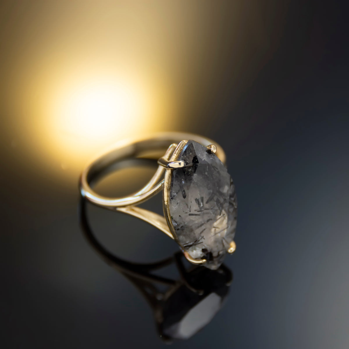 RG1909 Statement Gold Ring with Marquise Black Rutilated Quartz