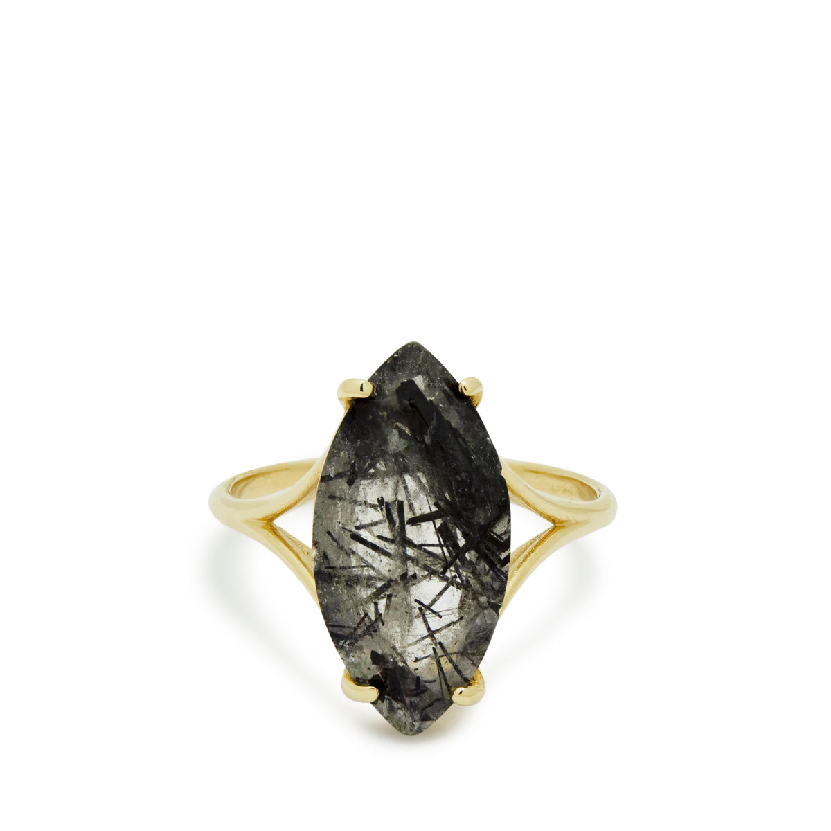 RG1909 Statement Gold Ring with Marquise Black Rutilated Quartz