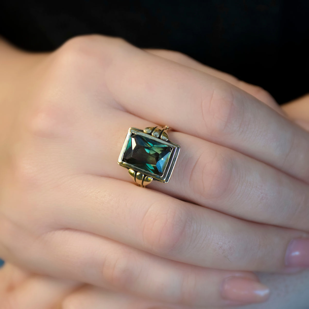 RG1910 Gold Ring with Large Square Green Spinel