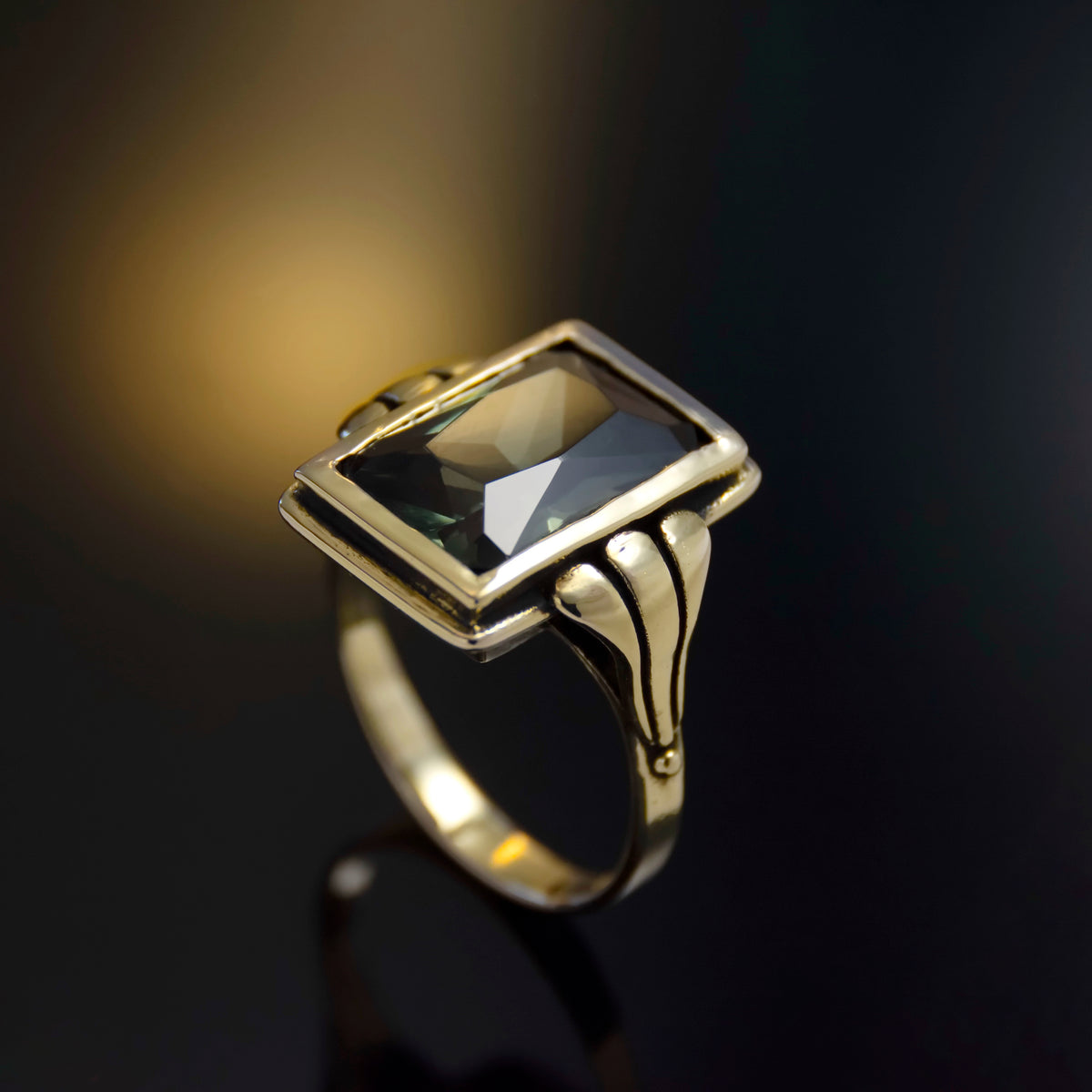 RG1910 Gold Ring with Large Square Green Spinel