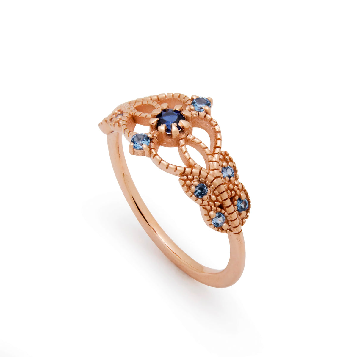 RG1911A Detailed Sapphire And Blue Topaz Statement Ring In Rose Gold Band, Vintage Ring