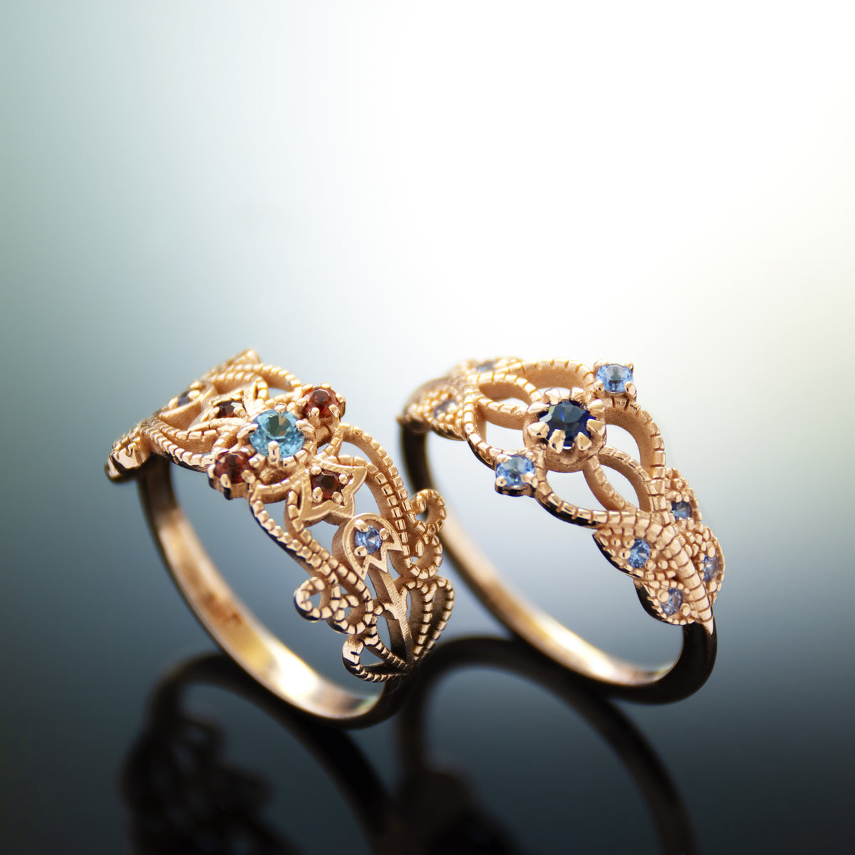 RG1911A Detailed Sapphire And Blue Topaz Statement Ring In Rose Gold Band, Vintage Ring