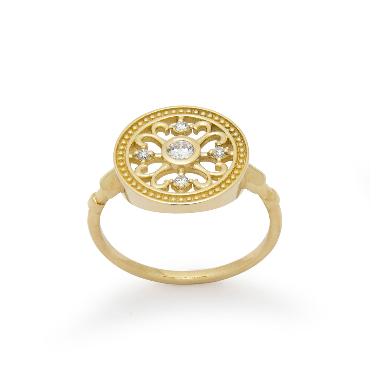 RG1913 Elegant Gold Ring with Filigree Design and Diamonds