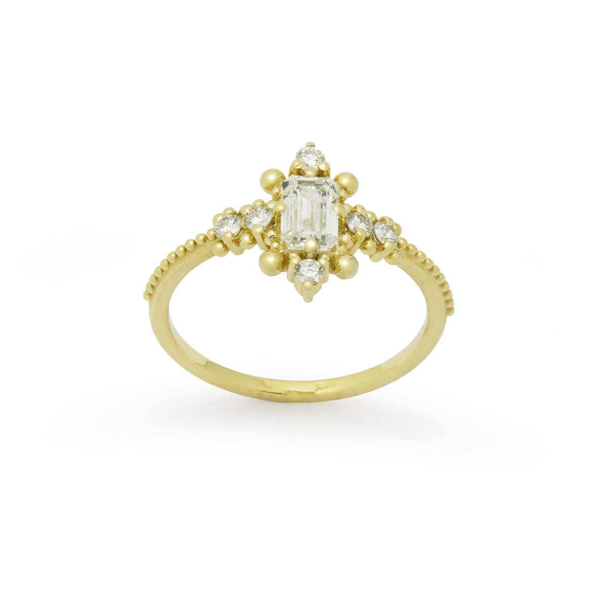 RG1914 Victorian-Inspired Gold Ring with Centered Emerald-Cut Diamond and Accent Diamonds