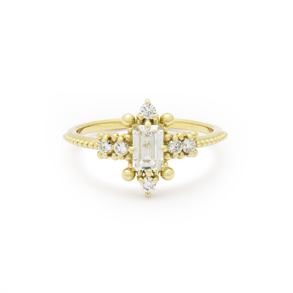 RG1914 Victorian-Inspired Gold Ring with Centered Emerald-Cut Diamond and Accent Diamonds