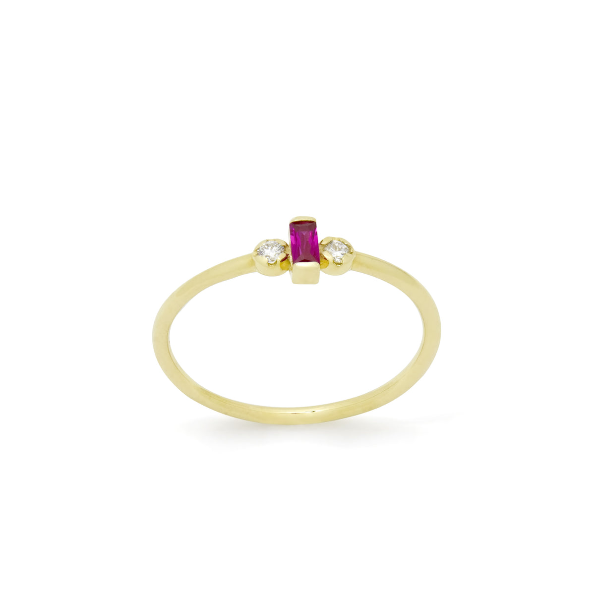 RG1917-2 Modern Baguette Lab Ruby And Diamond Engagement Ring In Yellow Gold