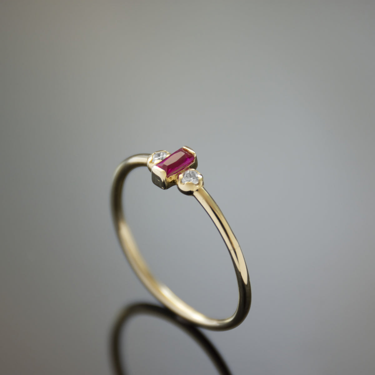 RG1917-2 Modern Baguette Lab Ruby And Diamond Engagement Ring In Yellow Gold