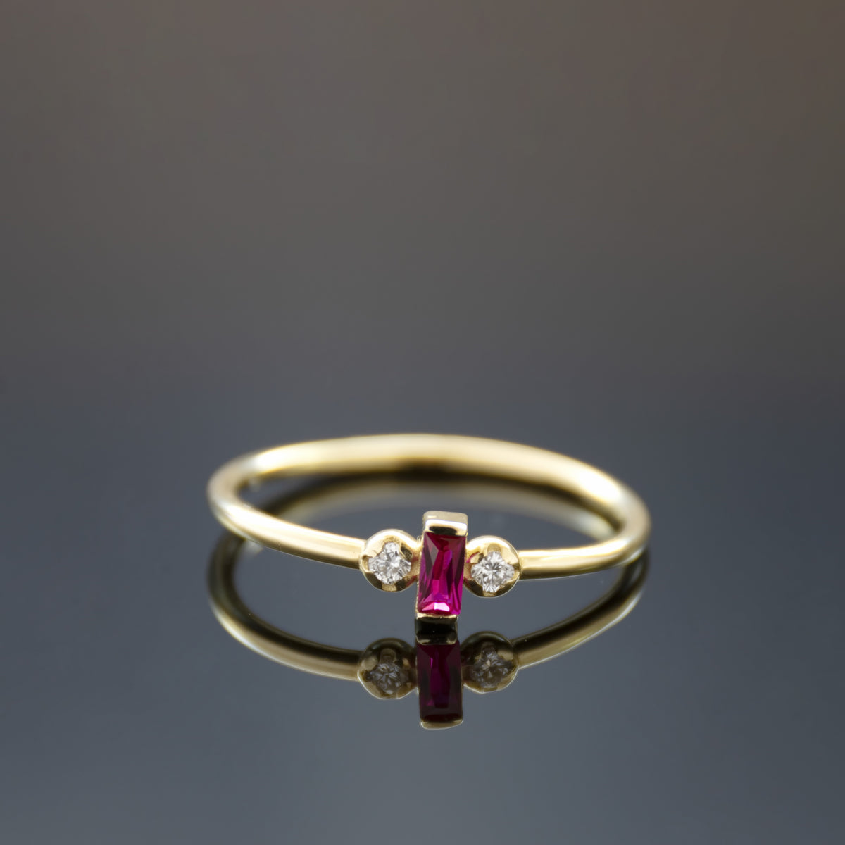 RG1917-2 Modern Baguette Lab Ruby And Diamond Engagement Ring In Yellow Gold