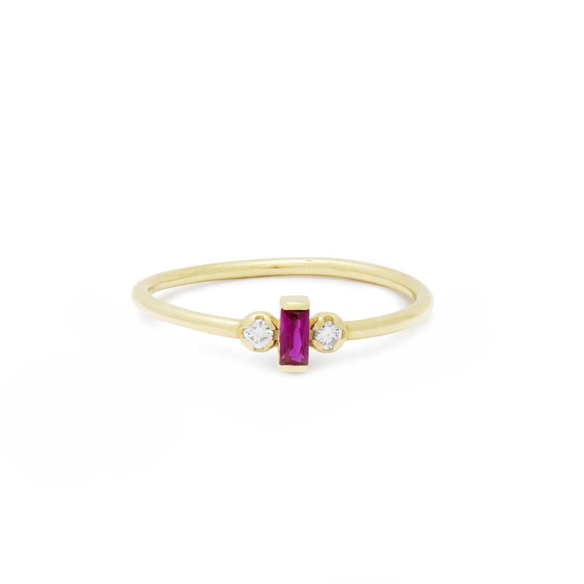 RG1917-2 Modern Baguette Lab Ruby And Diamond Engagement Ring In Yellow Gold