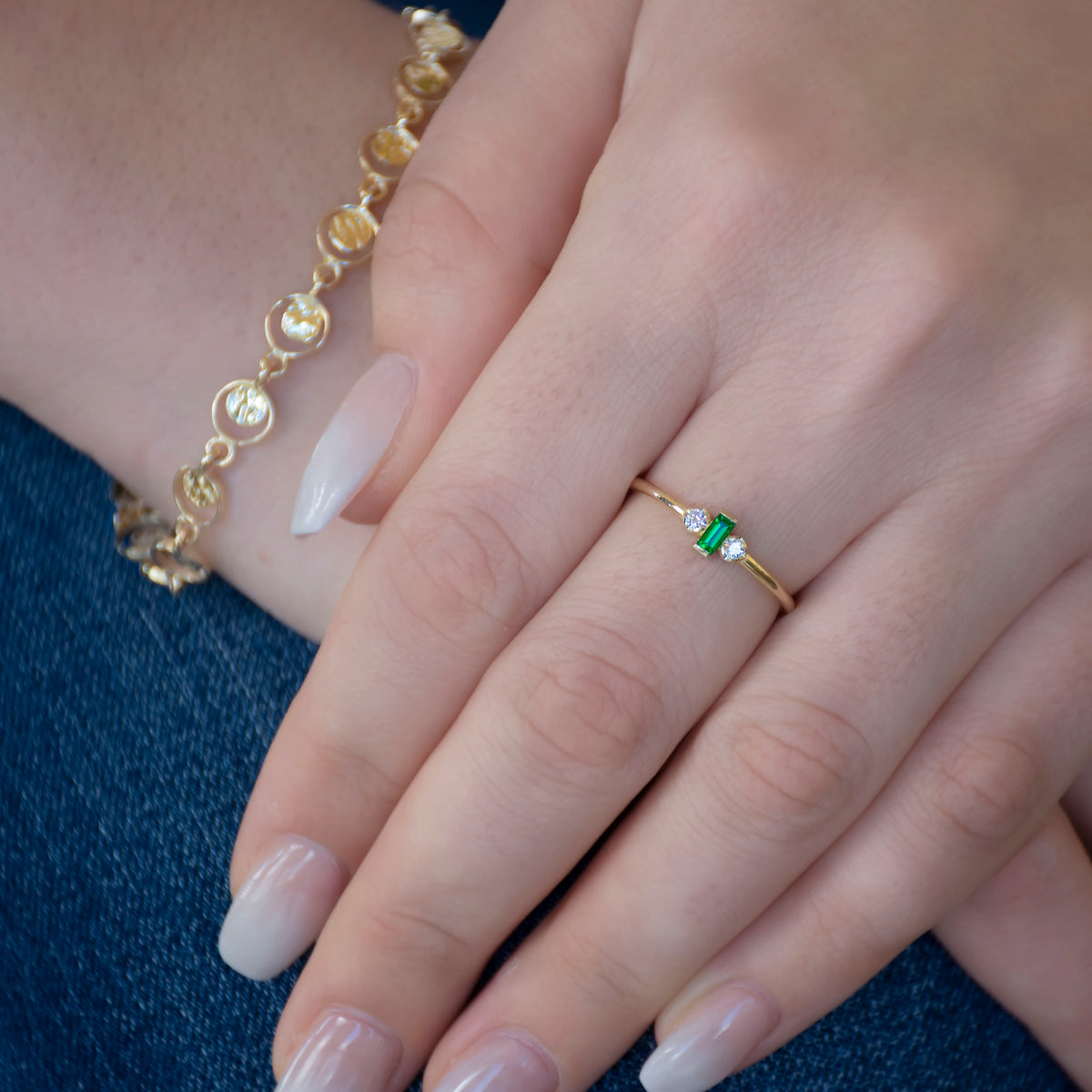 RG1917 Dainty Gold Ring with Square Emerald and Diamond Accents