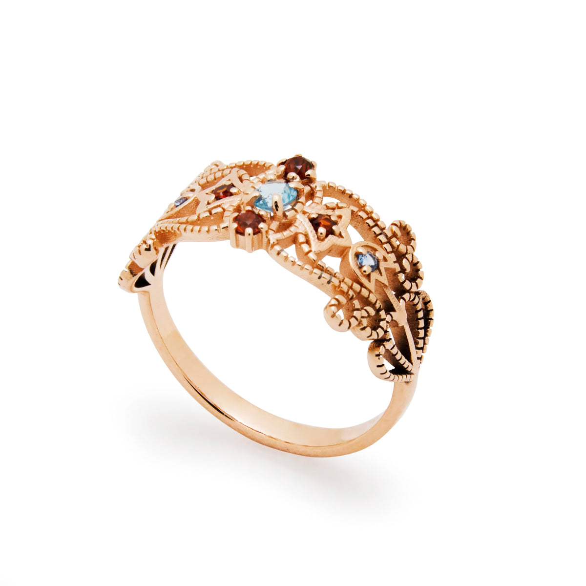 RG1918A Ornate Garnet And Blue Topaz Cocktail Ring In Rose Gold Setting, Vintage Ring