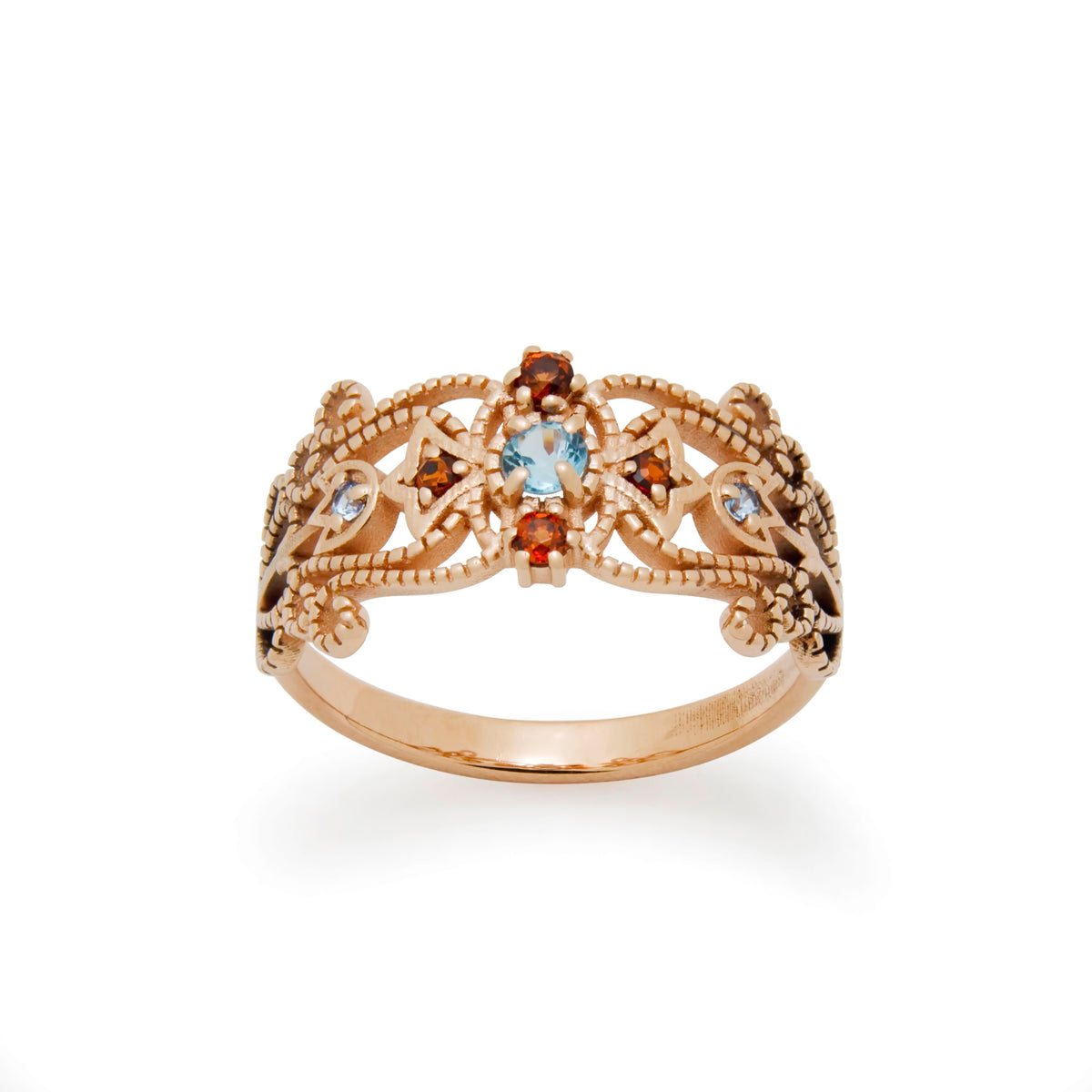 RG1918A Ornate Garnet And Blue Topaz Cocktail Ring In Rose Gold Setting, Vintage Ring