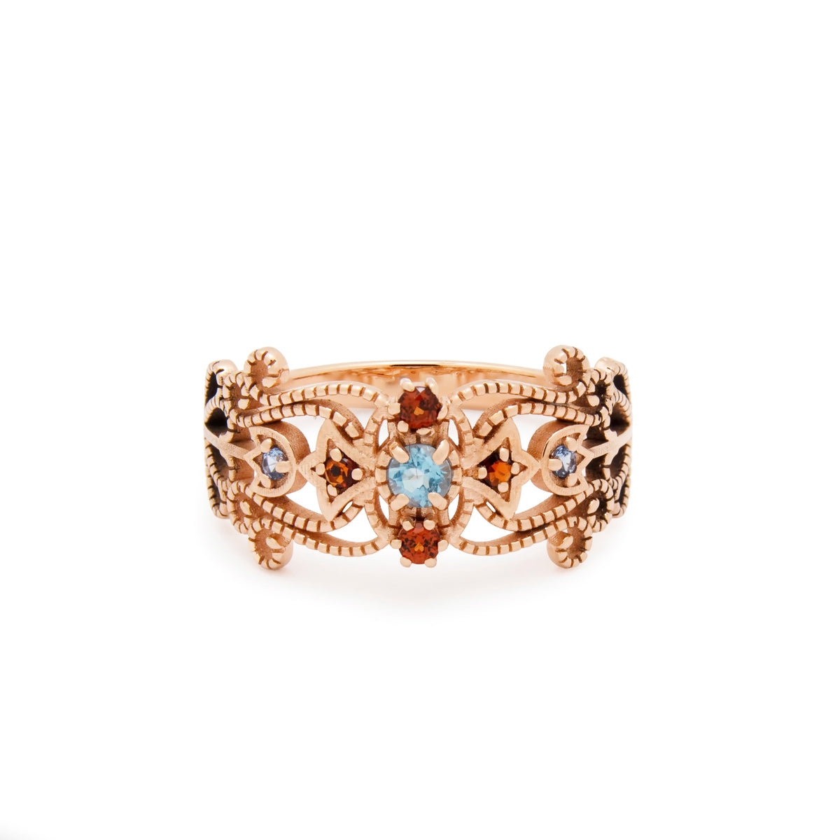 RG1918A Ornate Garnet And Blue Topaz Cocktail Ring In Rose Gold Setting, Vintage Ring