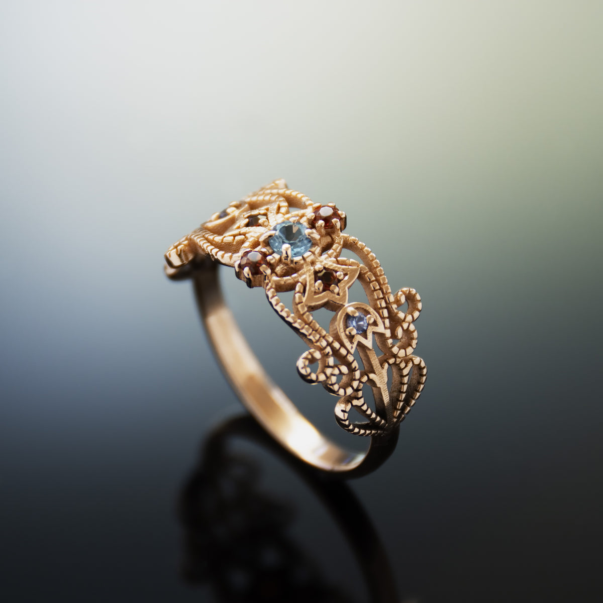 RG1918A Ornate Garnet And Blue Topaz Cocktail Ring In Rose Gold Setting, Vintage Ring