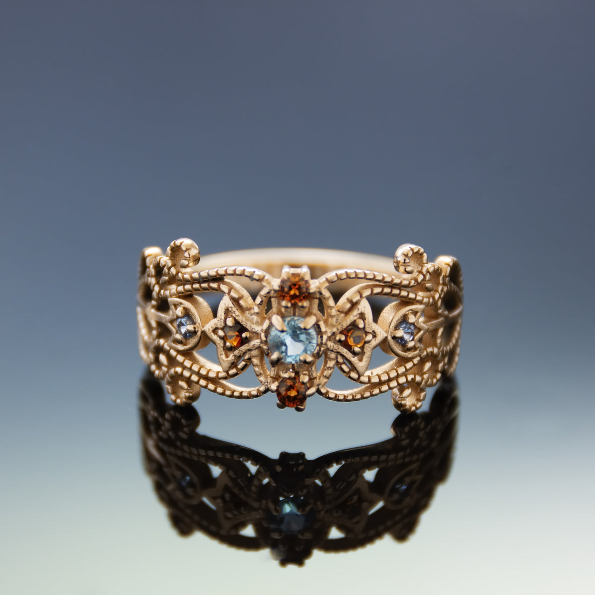 RG1918A Ornate Garnet And Blue Topaz Cocktail Ring In Rose Gold Setting, Vintage Ring