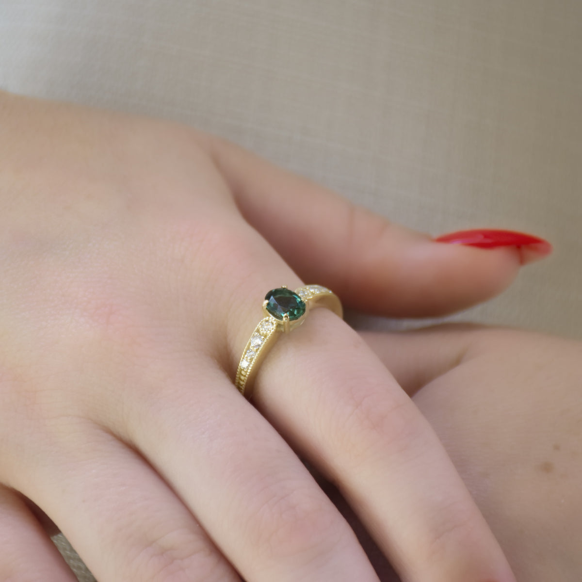 RG1921-1 Gold Ring with Center Green Spinel and Diamond Accents