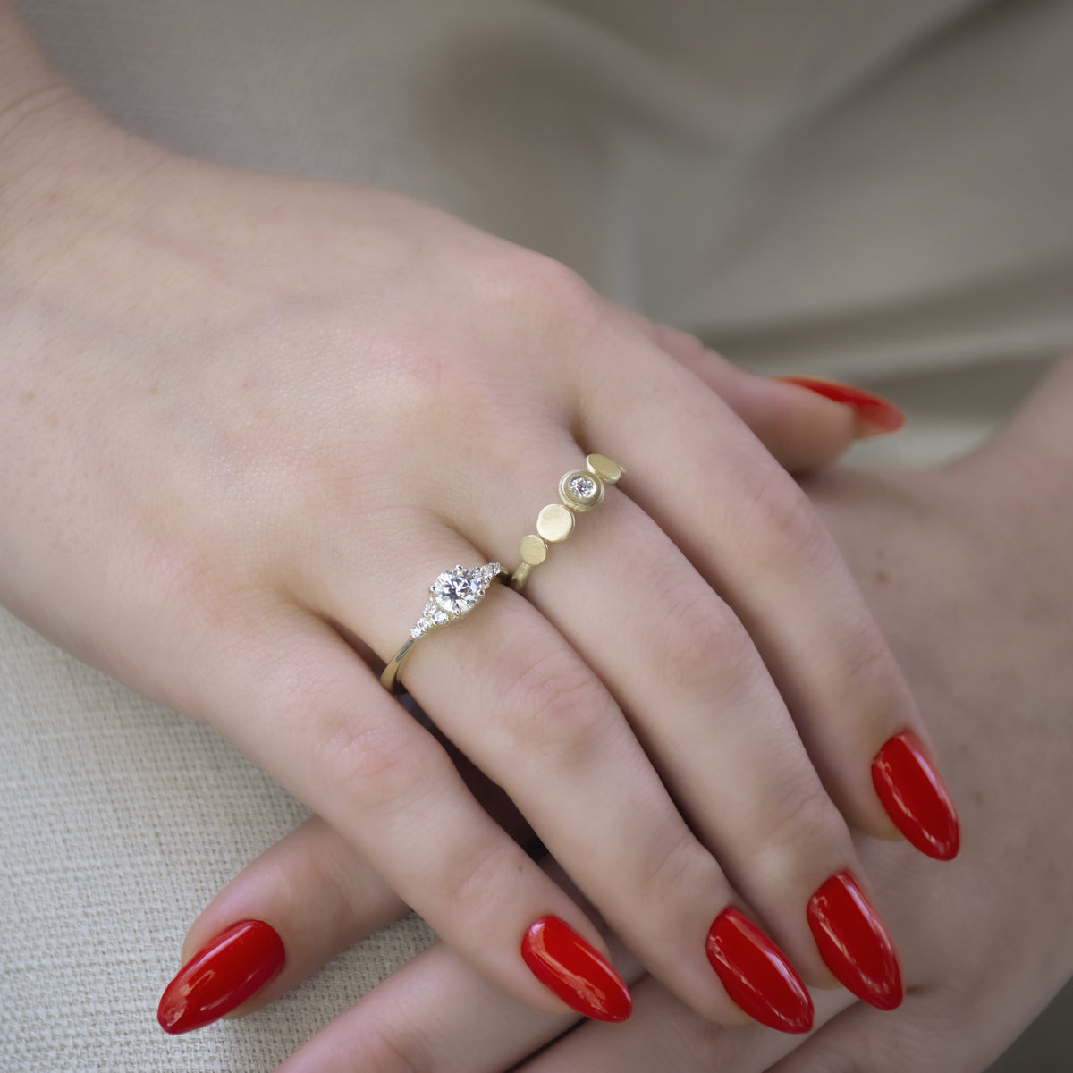 RG1927 GMatte Gold Ring with Dotted Top Pattern, Scratch Texture, and Diamond Accent