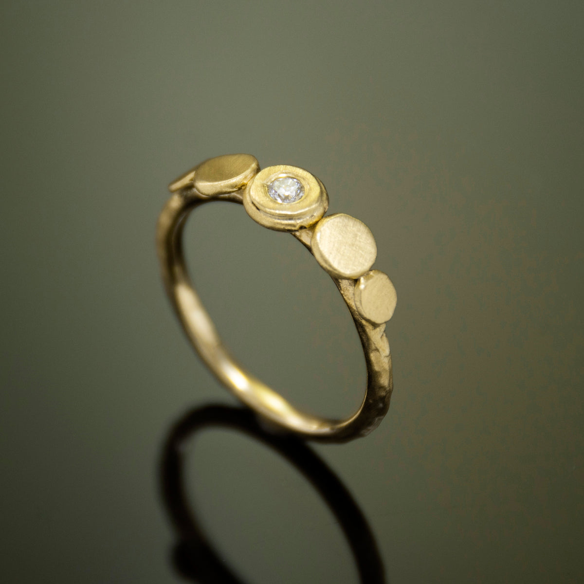 RG1927 GMatte Gold Ring with Dotted Top Pattern, Scratch Texture, and Diamond Accent