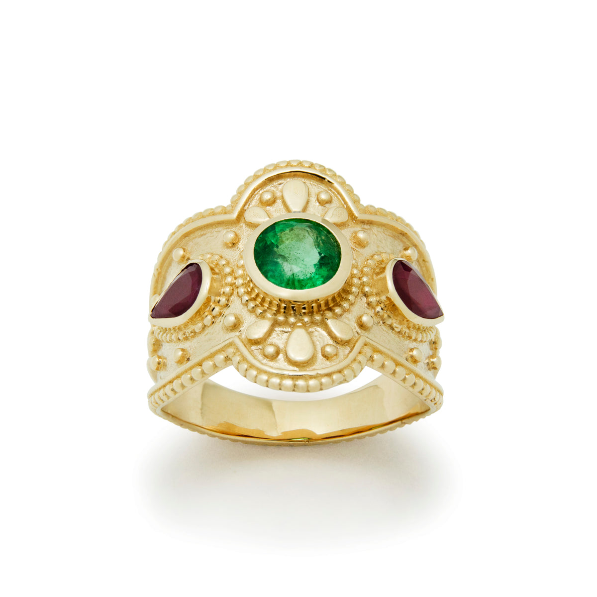 RG1934 Luxurious 14K Gold Statement Ring with Natural Emerald Centerpiece and Pear-Shaped Ruby Accents