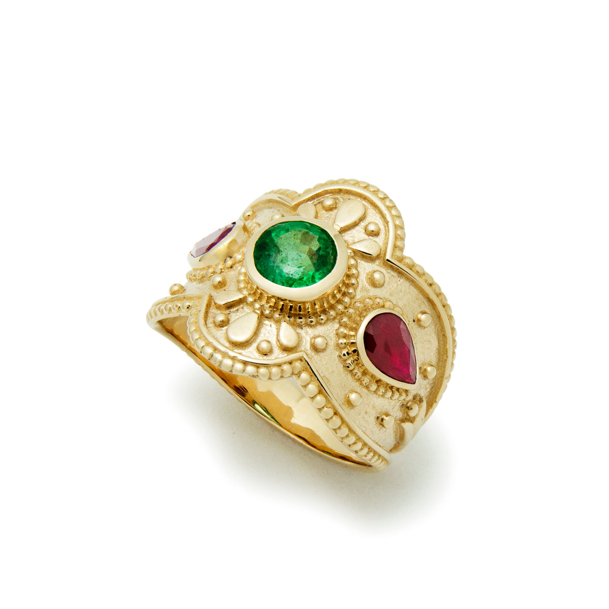 RG1934 Luxurious 14K Gold Statement Ring with Natural Emerald Centerpiece and Pear-Shaped Ruby Accents