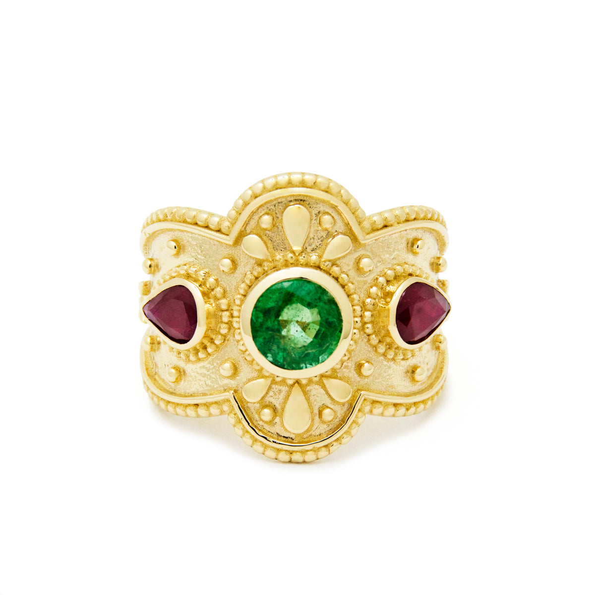 RG1934 Luxurious 14K Gold Statement Ring with Natural Emerald Centerpiece and Pear-Shaped Ruby Accents