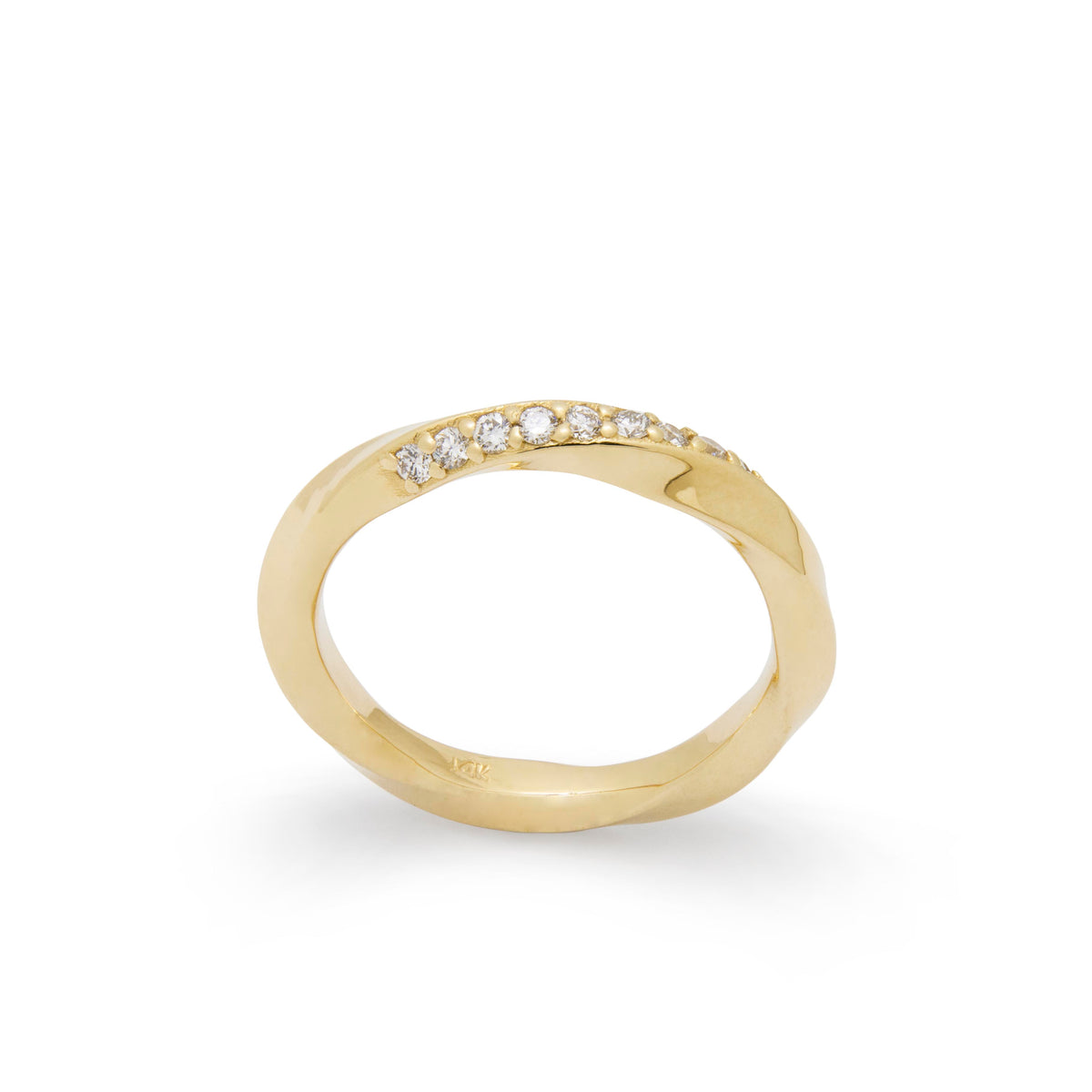 RG1935 Modern Mobius Twist Ring With Nine Sparkling Diamonds In Yellow Gold Band