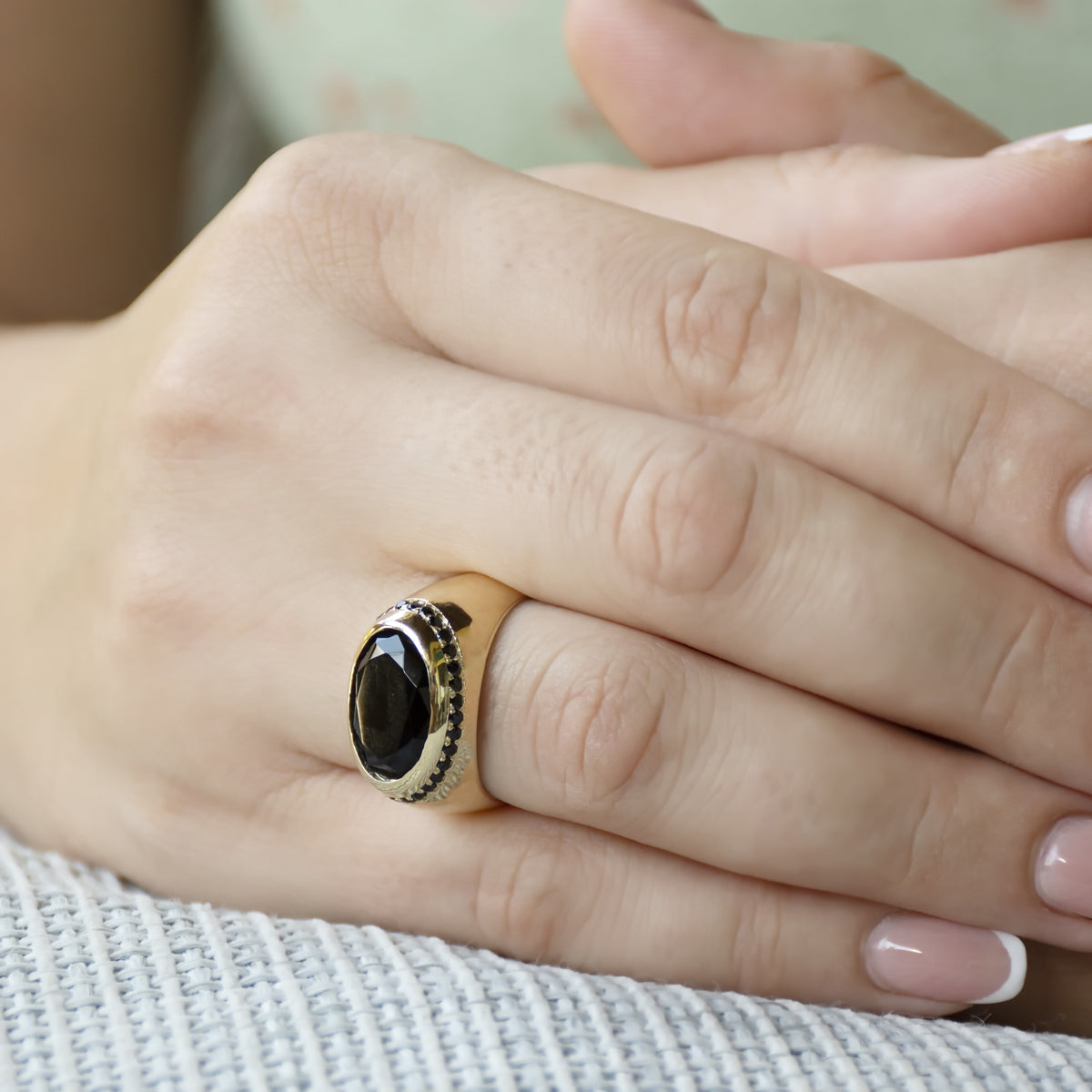 RG1936 Bold Wide Gold Ring with Black Onyx and Accent Stones