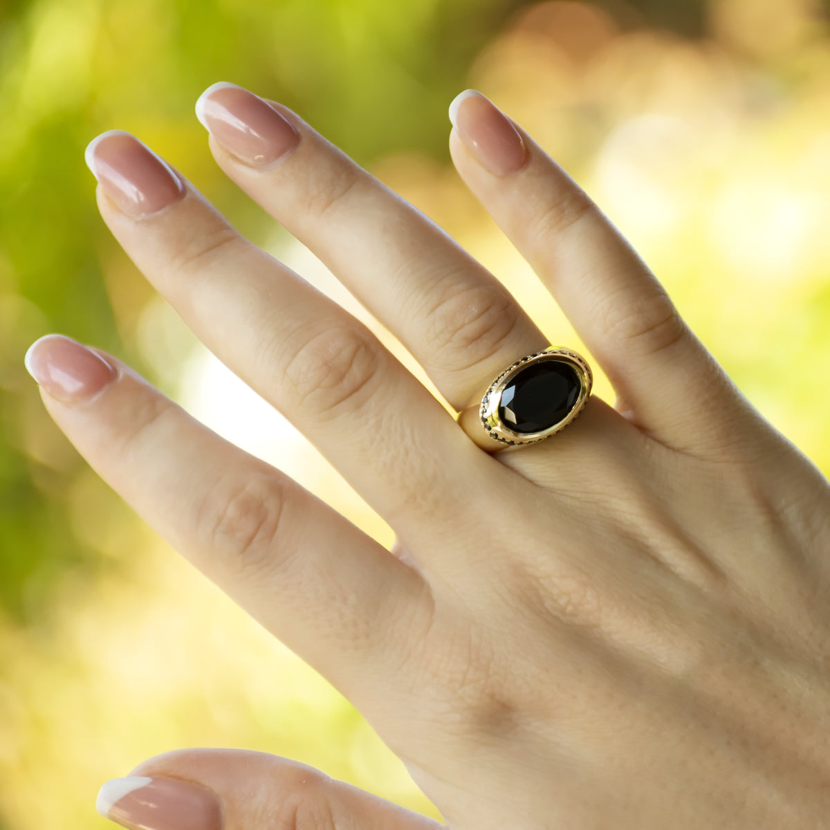 RG1936 Bold Wide Gold Ring with Black Onyx and Accent Stones