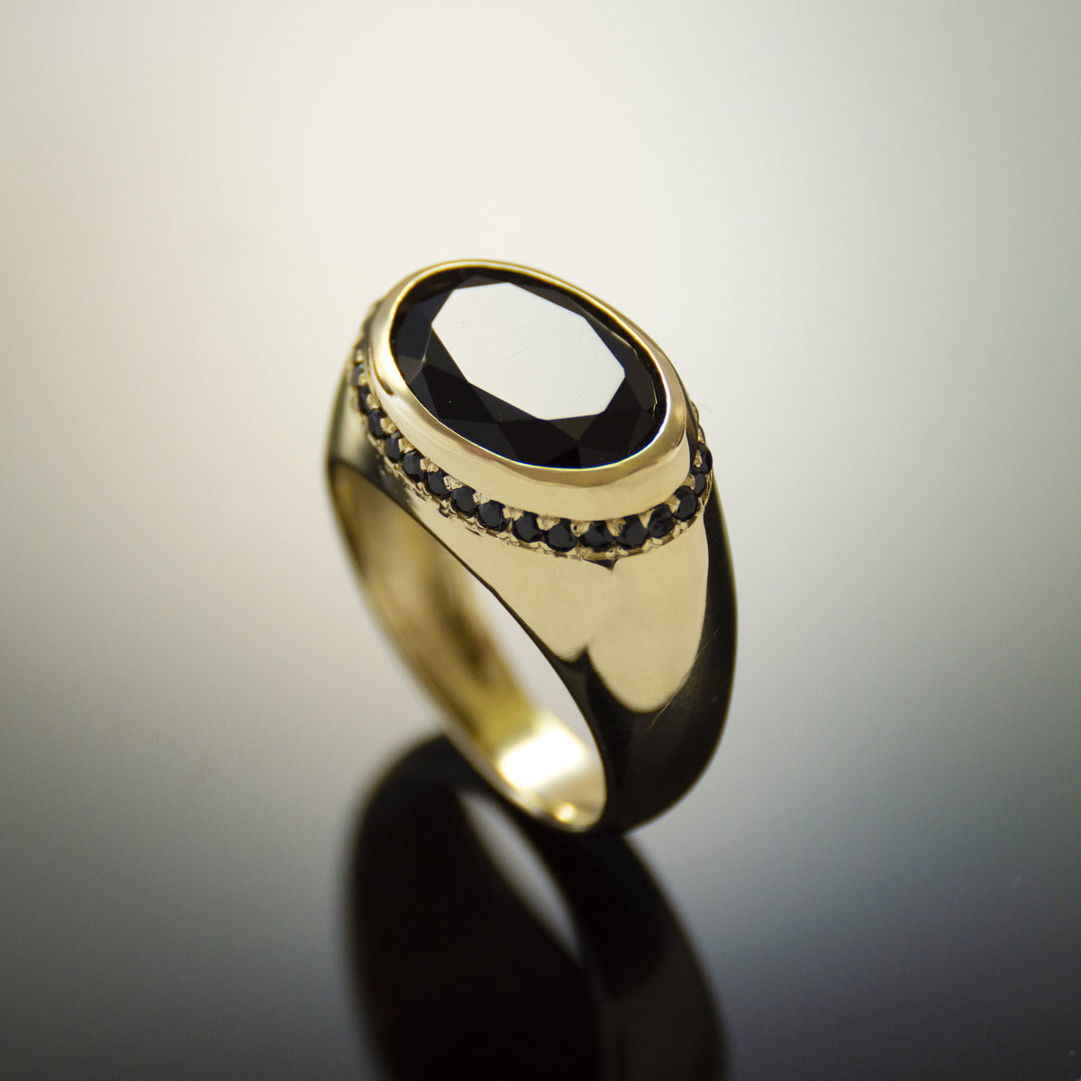 RG1936 Bold Wide Gold Ring with Black Onyx and Accent Stones