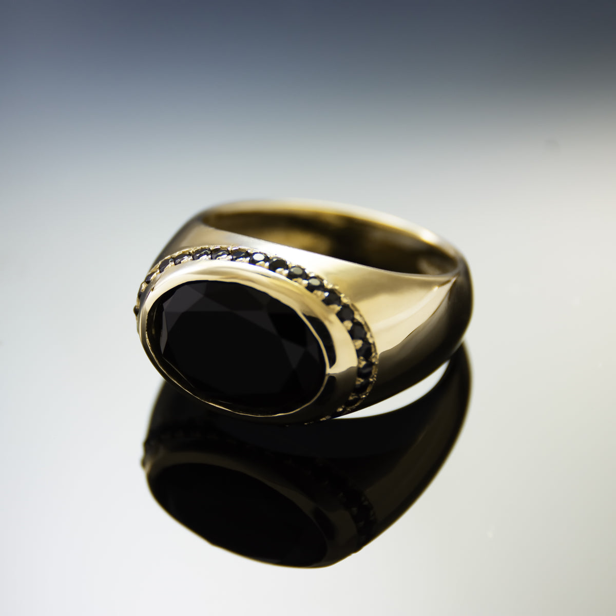 RG1936 Bold Wide Gold Ring with Black Onyx and Accent Stones