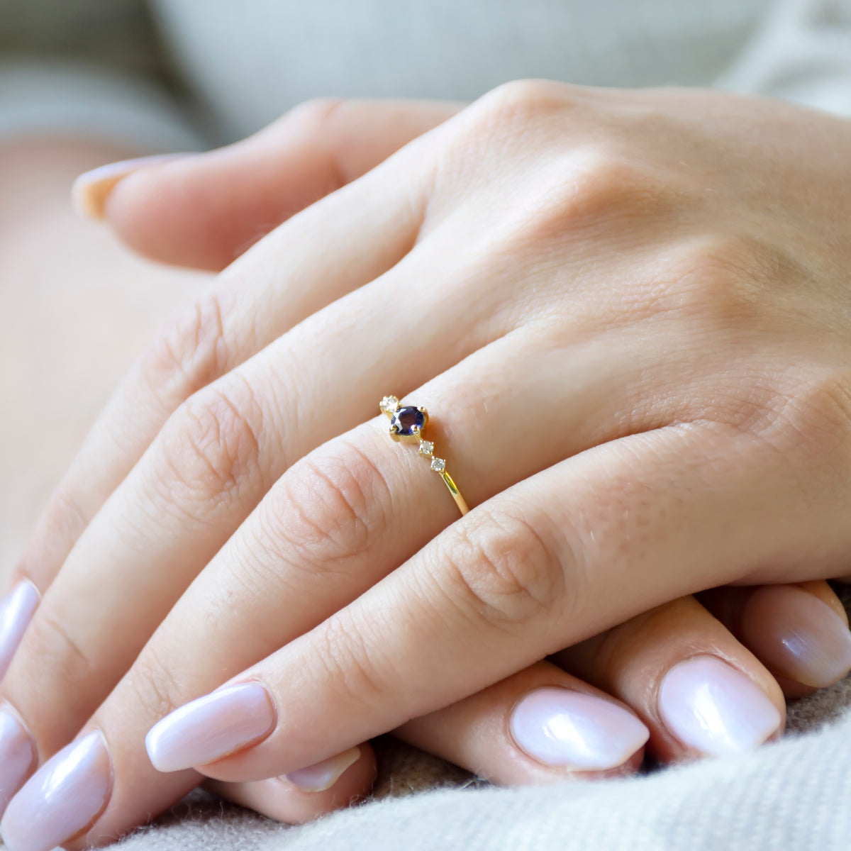 RG1941 Elegant Iolite And Diamond Engagement Ring With Graduated Diamond Accent, Yellow Gold, Iolite Engagement Ring