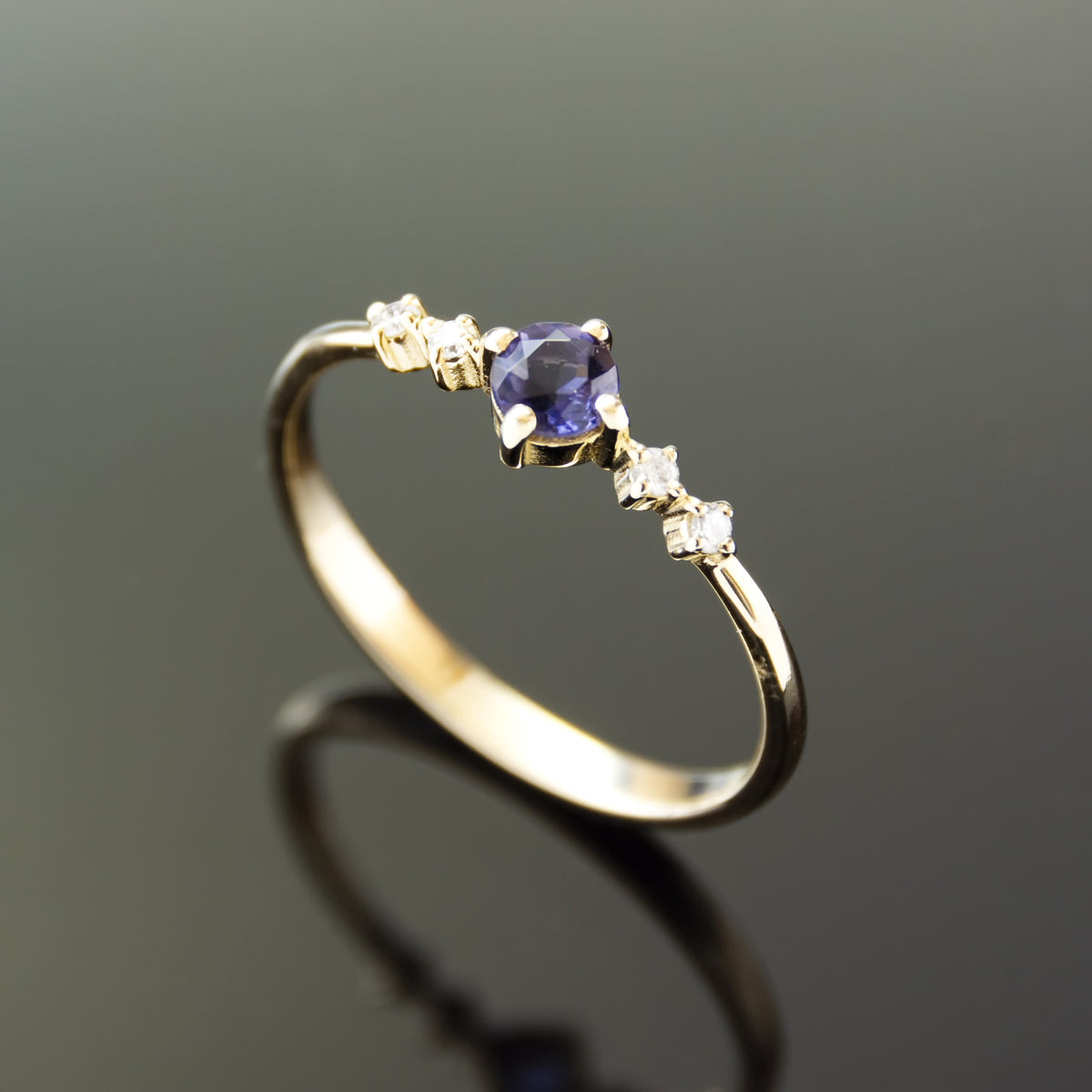 RG1941 Elegant Iolite And Diamond Engagement Ring With Graduated Diamond Accent, Yellow Gold, Iolite Engagement Ring