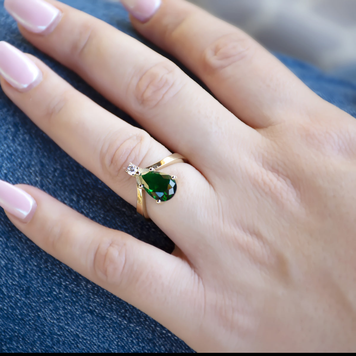 RG1943 Modern Green Chrome Diopside And Diamond Statement Ring In Yellow Gold, Green Stone Ring