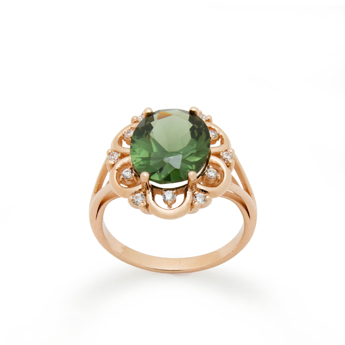 RG1944-1 Vintage Style Green Spinel And Zircon Ring, Rose Gold Green Spinel Ring, Statement Ring