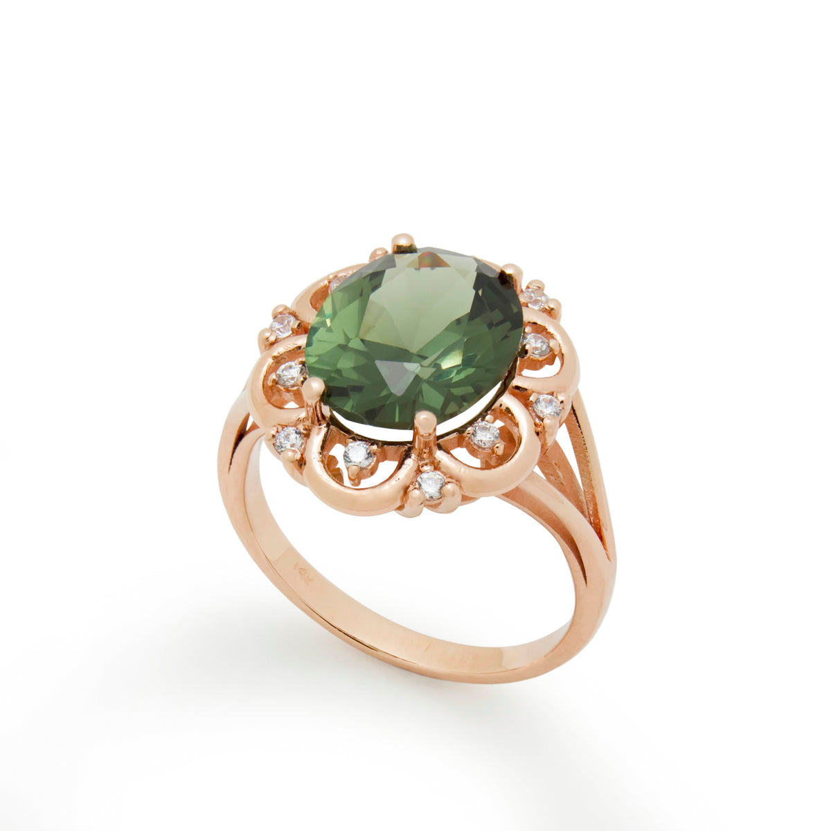 RG1944-1 Vintage Style Green Spinel And Zircon Ring, Rose Gold Green Spinel Ring, Statement Ring