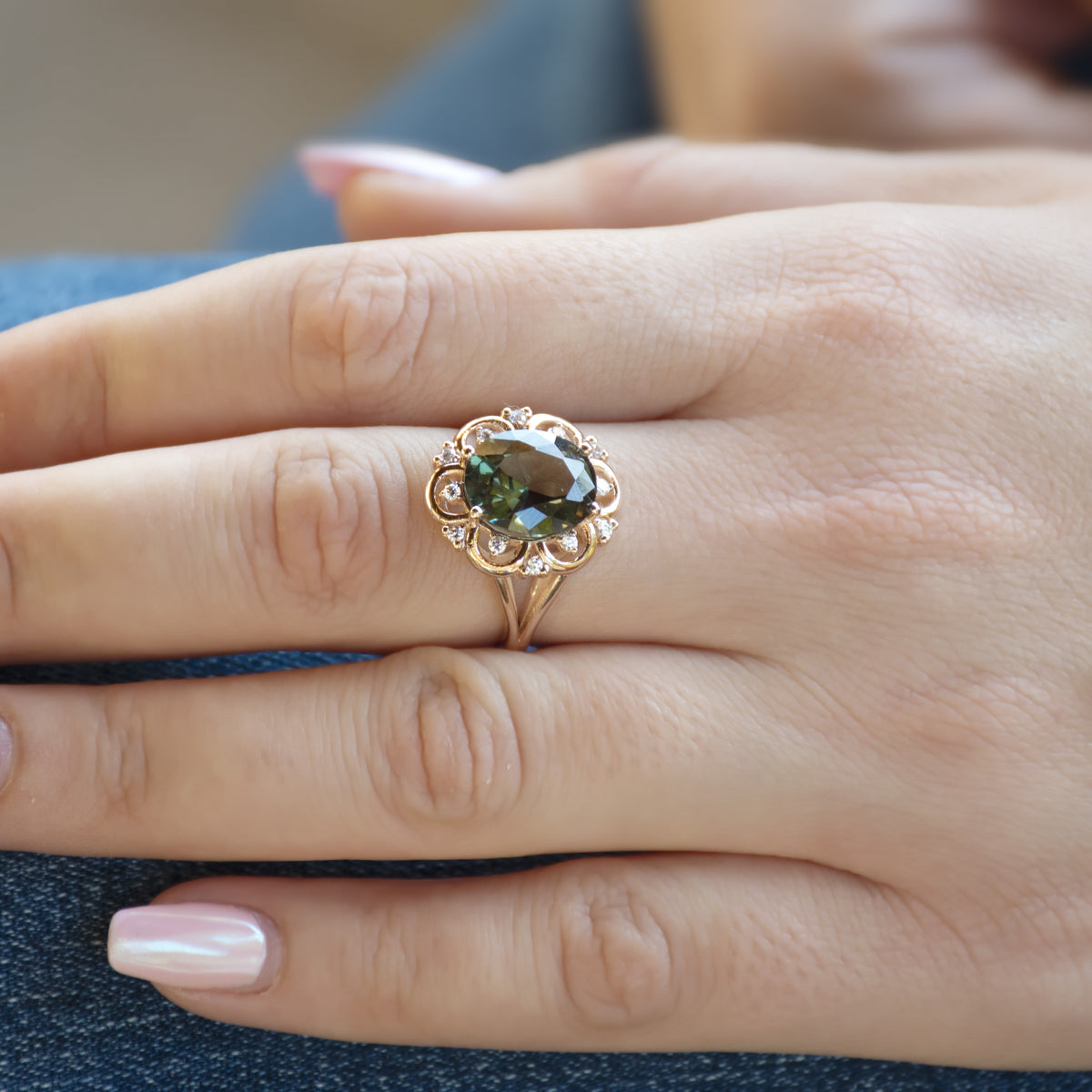 RG1944-1 Vintage Style Green Spinel And Zircon Ring, Rose Gold Green Spinel Ring, Statement Ring