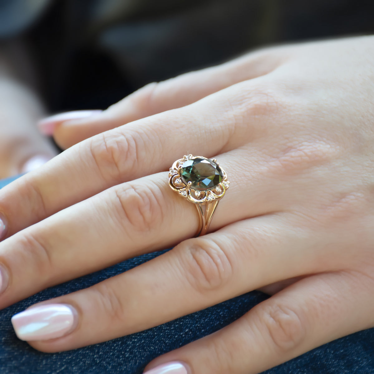 RG1944-1 Vintage Style Green Spinel And Zircon Ring, Rose Gold Green Spinel Ring, Statement Ring