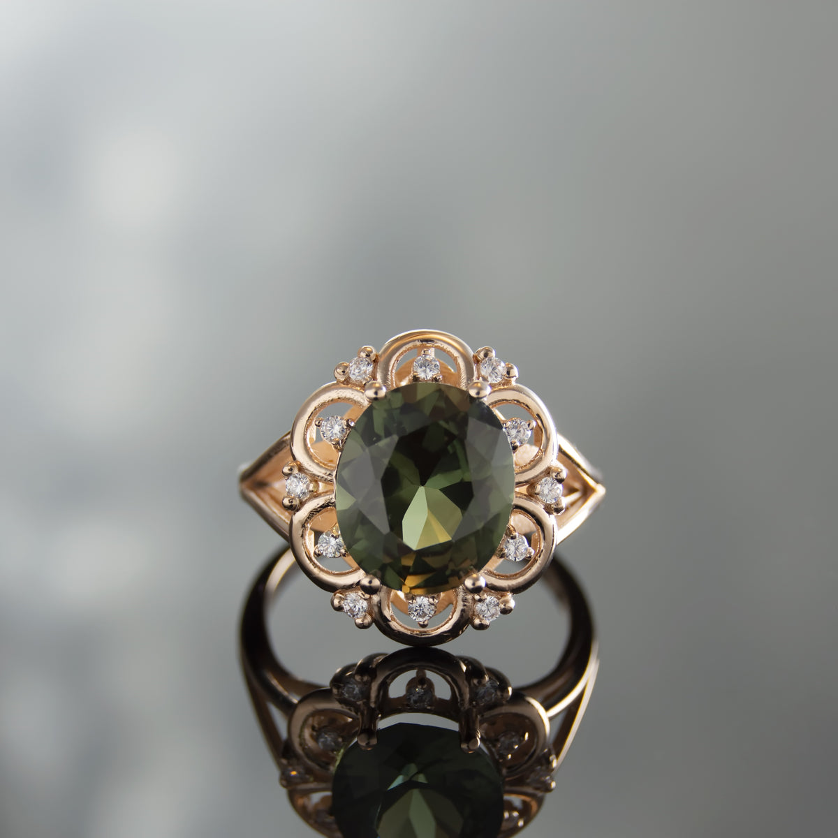 RG1944-1 Vintage Style Green Spinel And Zircon Ring, Rose Gold Green Spinel Ring, Statement Ring