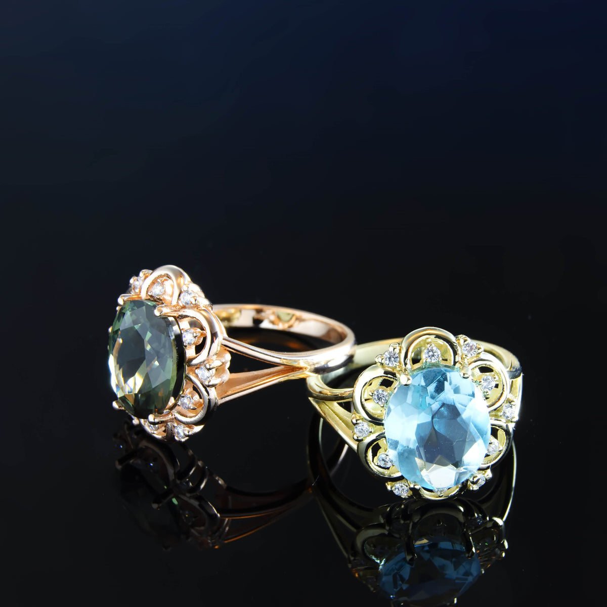 RG1944-1 Vintage Style Green Spinel And Zircon Ring, Rose Gold Green Spinel Ring, Statement Ring