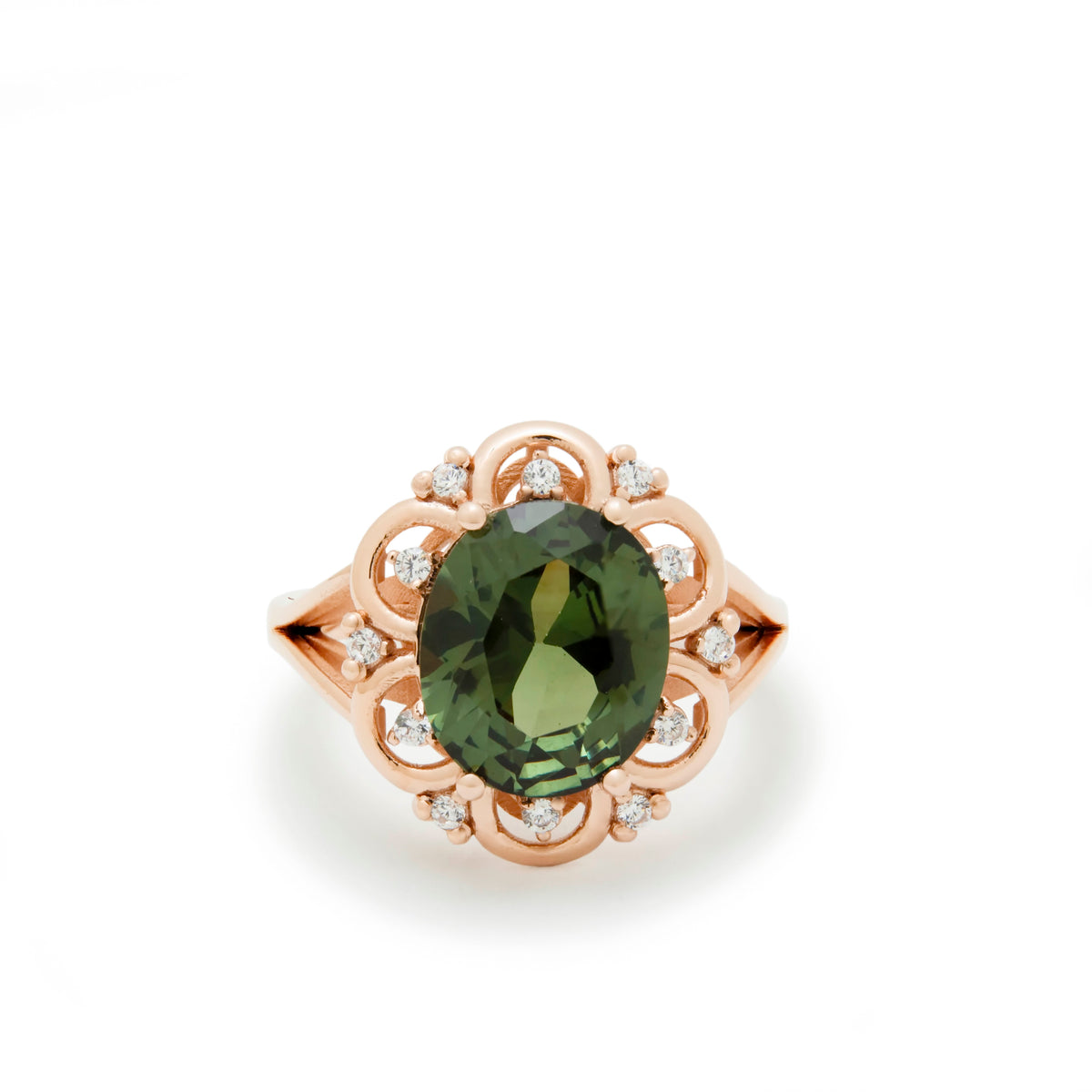 RG1944-1 Vintage Style Green Spinel And Zircon Ring, Rose Gold Green Spinel Ring, Statement Ring