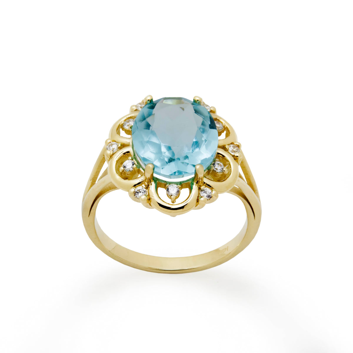 RG1944 Vintage Style Blue Topaz And Zircon Ring, Yellow Gold Topaz Ring, Statement Ring