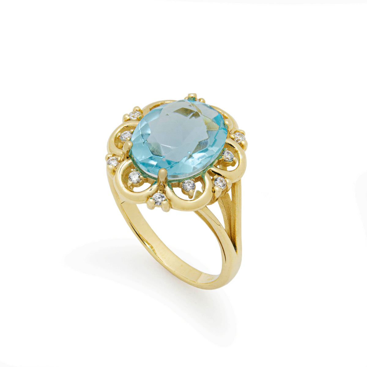 RG1944 Vintage Style Blue Topaz And Zircon Ring, Yellow Gold Topaz Ring, Statement Ring