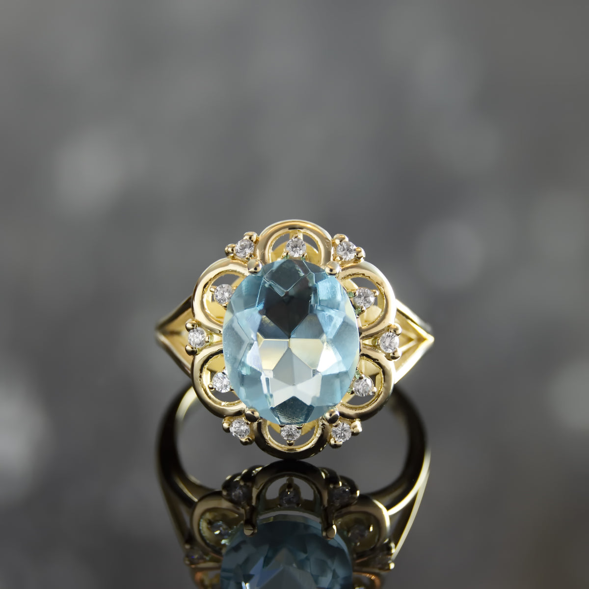 RG1944 Vintage Style Blue Topaz And Zircon Ring, Yellow Gold Topaz Ring, Statement Ring