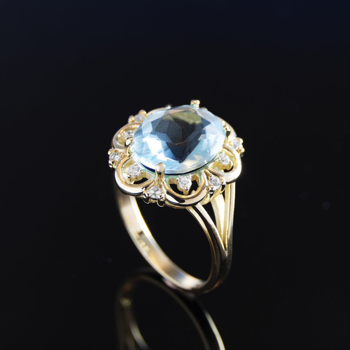 RG1944 Vintage Style Blue Topaz And Zircon Ring, Yellow Gold Topaz Ring, Statement Ring