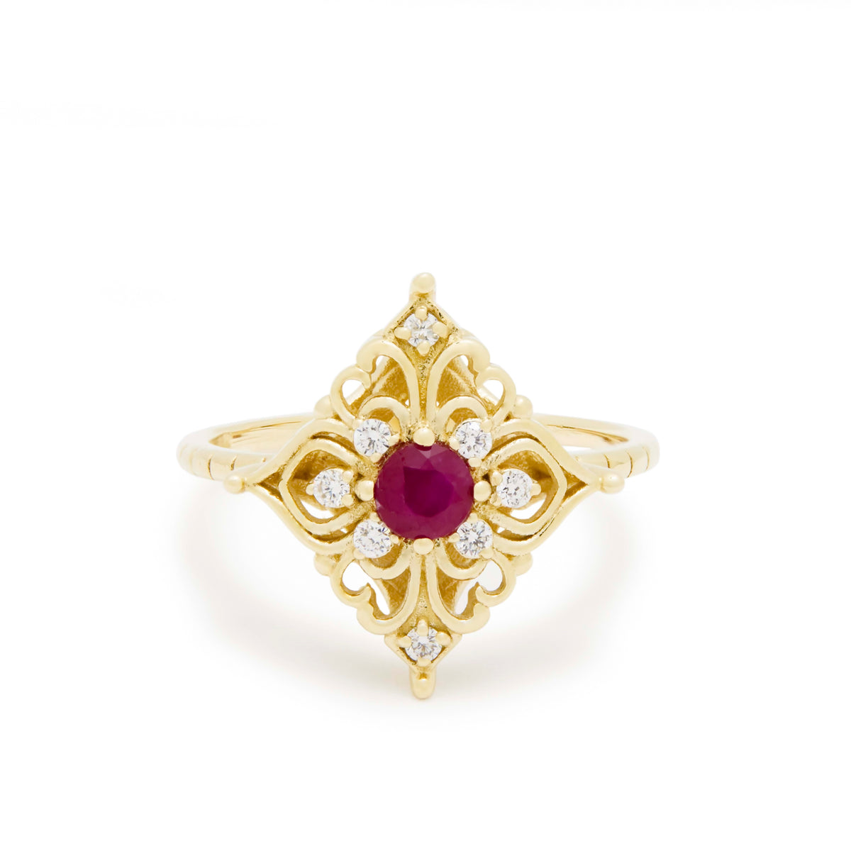 RG1945-1 Filigree Yellow Gold Ring with Ruby and Diamond Cluster, Vintage Gold Ring, Ruby and Diamonds Gold Ring