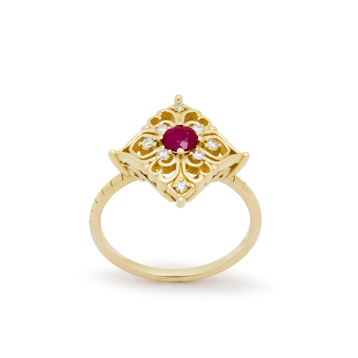 RG1945-1 Filigree Yellow Gold Ring with Ruby and Diamond Cluster, Vintage Gold Ring, Ruby and Diamonds Gold Ring